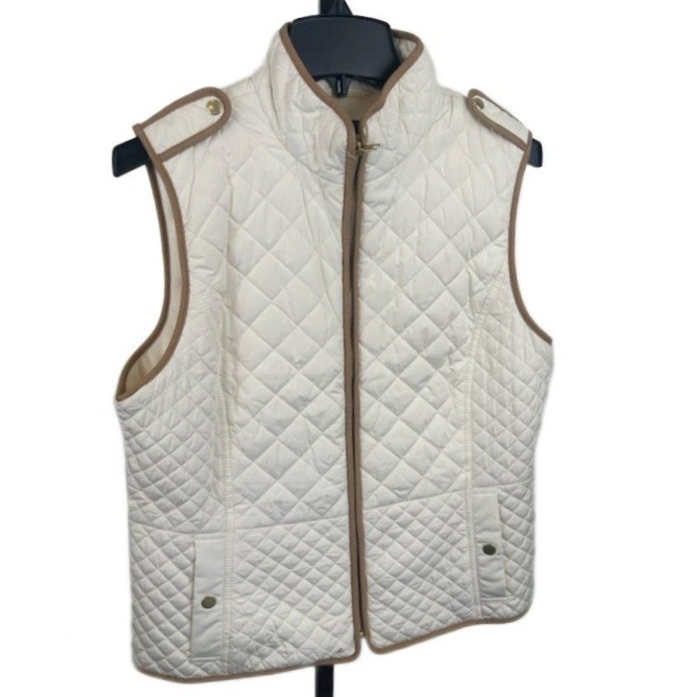 Talbots Quilted Vest Women's Size Large Petite Cream Full Zip Snap Pockets‎